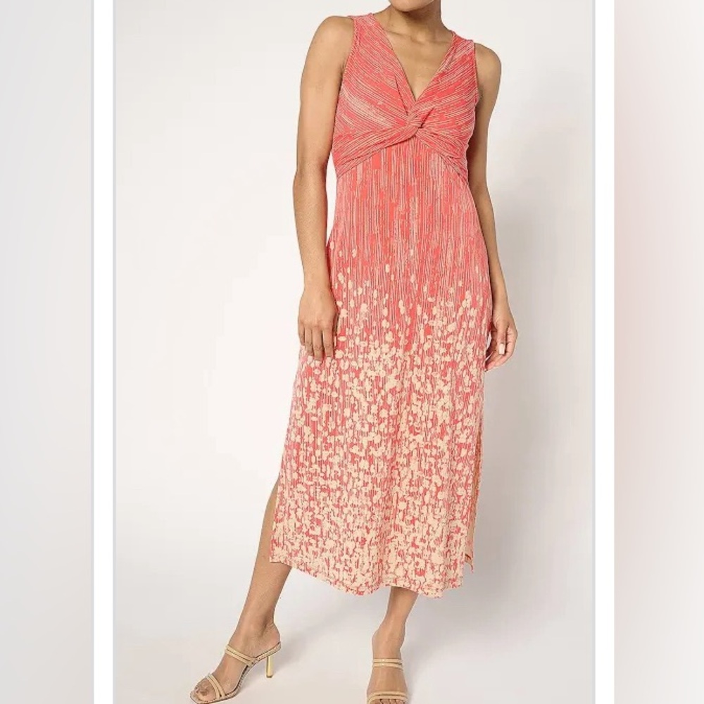 New Dennis Basso Italia Knit Twist Front Printed Dress Coral size Large